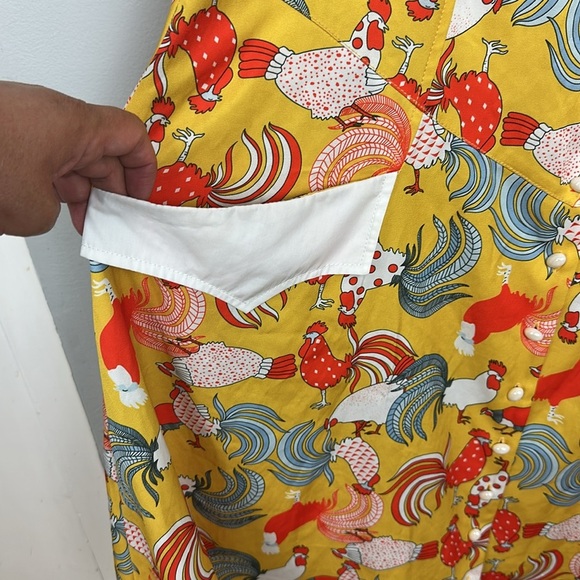 NWT Unique Vintage Mustard & Red Rooster Print Fit & Flare Dress Sz 2X/18 - Picture 10 of 16